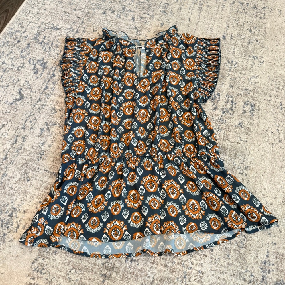 VOY Orange Navy Medallion Boho Pleated Flutter Sleeve Peplum Blouse 1XL